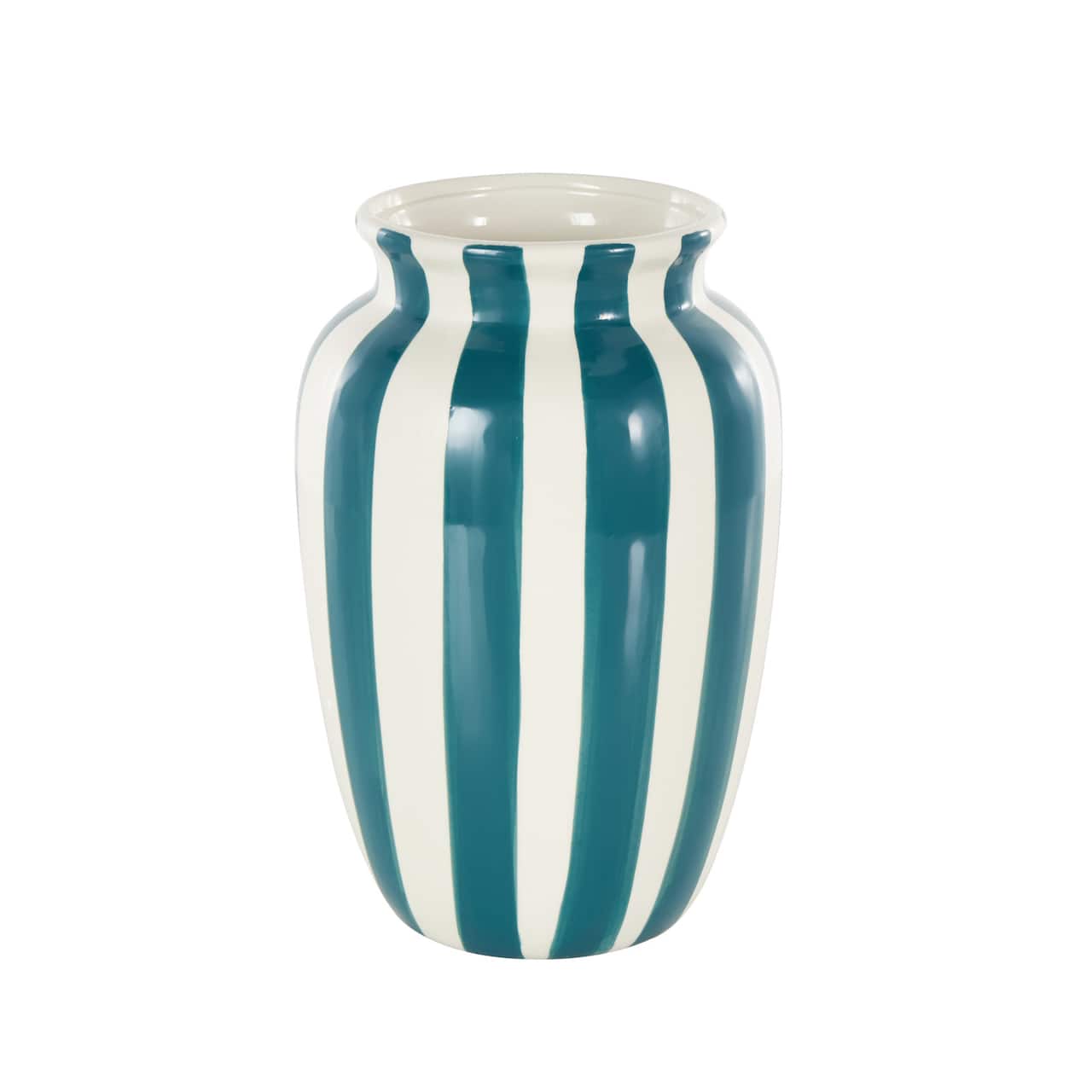 9.5" White & Teal Stripes Round Wide Ceramic Vase